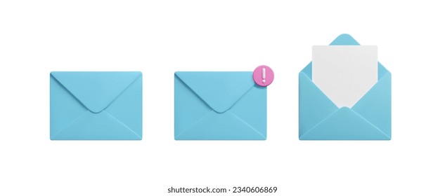 Blue 3d mail envelopes with new message mark notification isolated on white background. Cute 3d e-mail letters vector icon set render. Business communication correspondence, spam inbox notification.