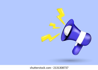 Blue 3d megaphone, a loudspeaker with lightning bolts on a blue background with a shadow. Vector illustration. Marketing concept
