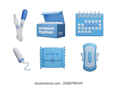 Blue 3D menstruation intimate hygiene icon set. Cute cartoon style female healthcare set: menstrual tampon, sanitary pad packaging, pregnancy test and menstrual calendar 3D cartoon vector collection.