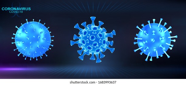 Blue 3D microbe Coronavirus vector collection. Fullcolor Covid-19 virus bacteria for your design. Vector illustration set on futuristic background.