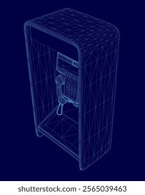 Blue 3D model of a telephone booth. The booth is made of a metal frame and has a glass window. The booth is designed to look like a futuristic phone booth with a modern touch