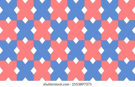 Blue 3D net block, pink and blue diamond pattern seamless patter, replete image repeat pattern design for fabric printing or wallpaper, background checkerboard, chess, X lette