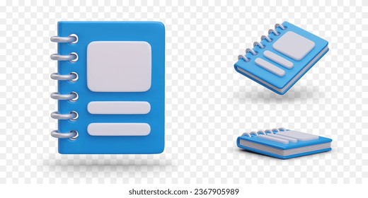 Blue 3D notebook on spine spring. Cover with blank space, mockup. Accessory of pupil, schoolboy, student. Back to school. Icons for stationery store. Illustrations for educational application