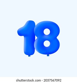 Balón azul 3D número 18 globos realistas 3d de helio azul. Diseño de ilustración vectorial Decoración de fiestas, cumpleaños, aniversario, Navidad, Navidad, Año Nuevo, Venta de vacaciones, celebración, carnaval, inflable