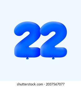 Blue 3D number 22 balloon realistic 3d helium blue balloons. Vector illustration design Party decoration, Birthday,Anniversary,Christmas, Xmas,New year,Holiday Sale,celebration,carnival,inflatable