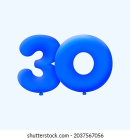 Blue 3D number 30 balloon realistic 3d helium blue balloons. Vector illustration design Party decoration, Birthday,Anniversary,Christmas, Xmas,New year,Holiday Sale,celebration,carnival,inflatable