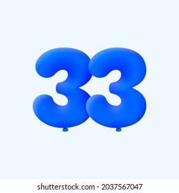Blue 3D number 33 balloon realistic 3d helium blue balloons. Vector illustration design Party decoration, Birthday,Anniversary,Christmas, Xmas,New year,Holiday Sale,celebration,carnival,inflatable