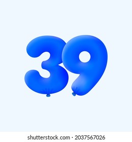 Balón azul 3D número 39 globos realistas 3d de helio azul. Diseño de ilustración vectorial Decoración de fiestas, cumpleaños, aniversario, Navidad, Navidad, Año Nuevo, Venta de vacaciones, celebración, carnaval, inflable
