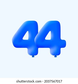 Globo azul 3D número 44 globo realistas globos azul helio 3d. Diseño de ilustración vectorial Decoración de fiestas, cumpleaños, aniversario, Navidad, Navidad, Año Nuevo, Venta de vacaciones, celebración, carnaval, inflable