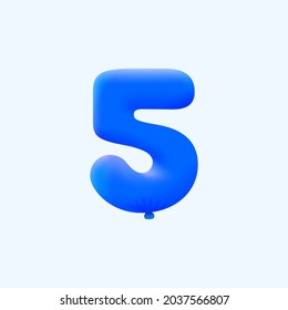 Globo azul 3D número 5 globo realistas globos azul helio 3d. Diseño de ilustración vectorial Decoración de fiestas, cumpleaños, aniversario, Navidad, Navidad, Año Nuevo, Venta de vacaciones, celebración, carnaval, inflable
