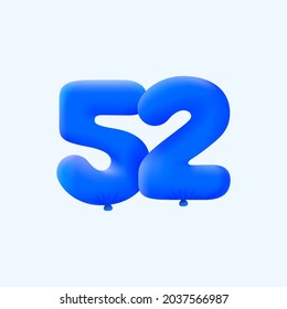 Blue 3D number 52 balloon realistic 3d helium blue balloons. Vector illustration design Party decoration, Birthday,Anniversary,Christmas, Xmas,New year,Holiday Sale,celebration,carnival,inflatable