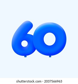 Blue 3D number 60 balloon realistic 3d helium blue balloons. Vector illustration design Party decoration, Birthday,Anniversary,Christmas, Xmas,New year,Holiday Sale,celebration,carnival,inflatable