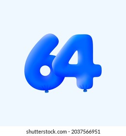 Globo azul 3D número 64 globo realistas globos azul helio 3d. Diseño de ilustración vectorial Decoración de fiestas, cumpleaños, aniversario, Navidad, Navidad, Año Nuevo, Venta de vacaciones, celebración, carnaval, inflable