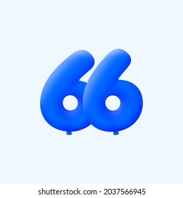Globo azul 3D número 66 globo realistas globos azul helio 3d. Diseño de ilustración vectorial Decoración de fiestas, cumpleaños, aniversario, Navidad, Navidad, Año Nuevo, Venta de vacaciones, celebración, carnaval, inflable