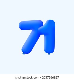 Balón azul 3D número 71 globo azul helio 3d realista. Diseño de ilustración vectorial Decoración de fiestas, cumpleaños, aniversario, Navidad, Navidad, Año Nuevo, Venta de vacaciones, celebración, carnaval, inflable