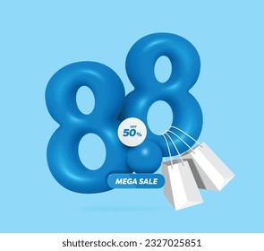 Blue 3D número 8.8 con un signo de promoción de mega venta 50% en la parte delantera y blanco bolsas de compras colgando en el lado, vector 3d aislado para ocho días de promoción de ocho meses y concepto de venta de invierno o verano