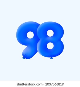 Blue 3D-Nummer 98 Ballon realistische 3D-Helium blauen Ballons. Design-Party-Dekoration für Vektorgrafik, Geburtstag, Jahrestag, Weihnachten, Weihnachten, Neues Jahr, Feiertagsverkauf, Feiern, Karneval, aufblasbar