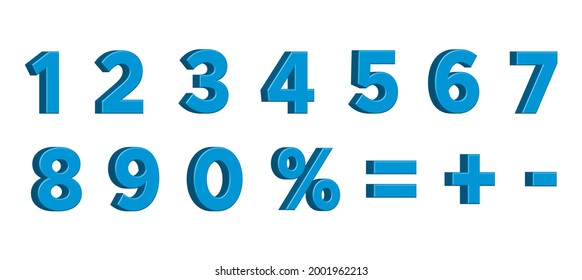 Blue 3D Numbers with Signs Percent, Plus, Minus, Equality, Isolated on White Background. Vector Illustration