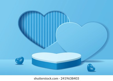 Blue 3D pedestal podium with a backdrop of geometric abstract heart shaped windows and a floor decorated with small heart objects, Father's Day background for display product, Vector illustration