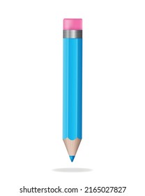 Blue 3d pencil with Eraser. Stationery tool. Volumetric wooden object for writing and drawing. Realistic icon vector illustration isolated on white background.