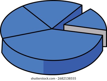 Blue 3D pie chart with five slices on white background graph data