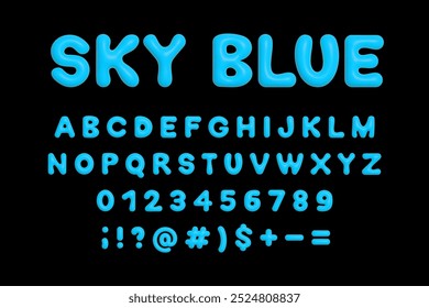 Blue 3d plastic balloon alphabet, symbols and numbers. Shiny inflated Y2K font ABC vector isolated