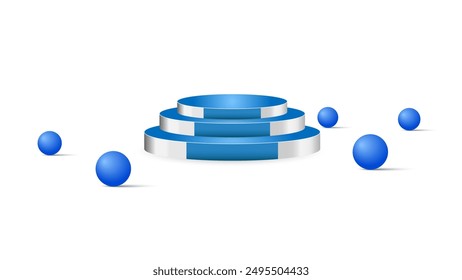 Blaues 3d-Podium mit Ball auf weißem Hintergrund