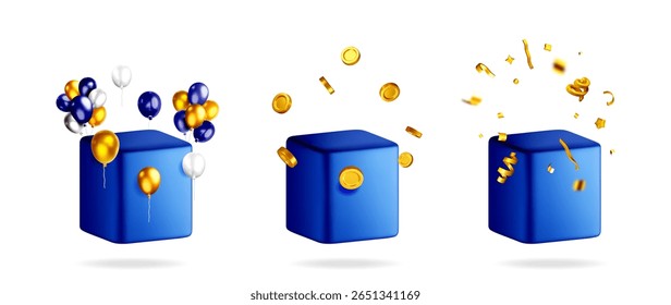 Blue 3d podium with balloons, gold coins, and confetti on a white background. Concept of celebration, prize, and reward.