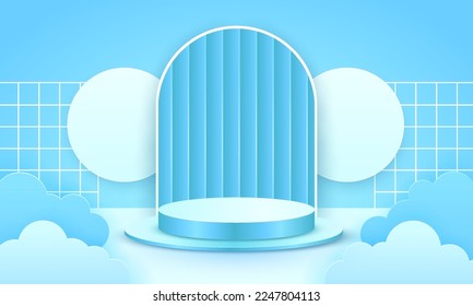 Blue 3D Podium. Blank scene background with paper cut style. Blank podium, suitable for product presentation, mock up, show product, stage pedestal or platform. 3D Vector