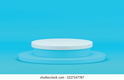 Blue 3d podium cylinder basic foundation product promo presentation studio background realistic vector illustration. Pedestal round platform stage level showcase display render studio background