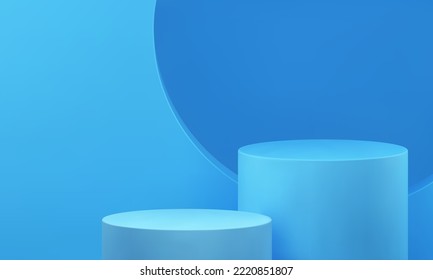 Blue 3d podium cylinder stage contest win celebration empty display studio background realistic vector illustration. Premium round pedestal scene competition award arena geometric base foundation