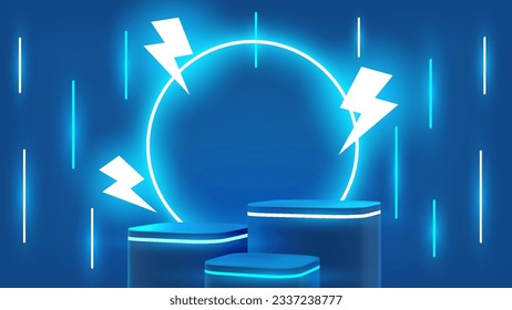 Blue 3d podium with flying neon lightning. Vector background with product platform. Realistic background 3d render with showcase. Minimalistic design.