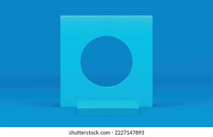 Blue 3d podium foundation geometric arena squared wall frame circle hole design realistic vector illustration. Pedestal basic platform stage exhibition presentation border minimal rendering element
