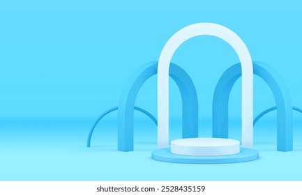 Blue 3d podium pedestal arch wall background for show realistic vector illustration. Trendy minimalist cylinder platform display light showroom interior curved shapes backdrop mockup for presentation