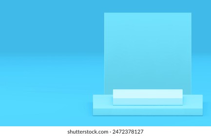 Blue 3d podium pedestal squared showcase for product show realistic vector illustration. Light pastel trendy display geometric showroom with wall background for commercial shopping sale presentation