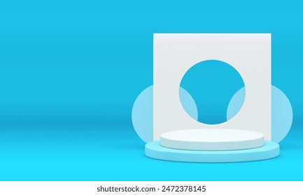 Blue 3d podium pedestal with squared frame hole wall background realistic vector illustration. Trendy minimalist light pastel advertising display commercial showroom for product show presentation