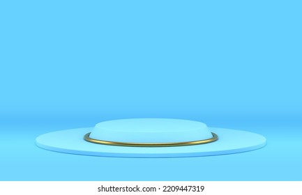 Blue 3d podium stairs level award fashion foundation with golden decor element realistic vector illustration. Premium pedestal stage retail advertising product presentation merchandise retail platform