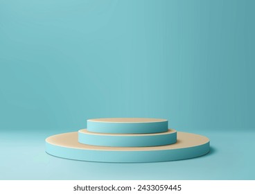 Blue 3D podium with three circular tiers on a blue background. Vector illustration