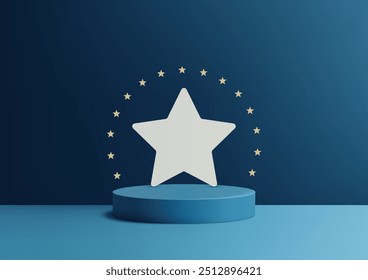 Podio 3D azul con estrella blanca rodeado por un anillo de estrellas doradas, diseño minimalista moderno para premios, celebraciones y vitrinas, escenario elegante para exhibición de Producto y conceptos de maqueta