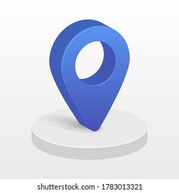 Blue 3d pointer of map in circle podium isolated on white background. Vector illustration