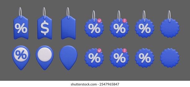 Conjunto de iconos de etiqueta de Precio 3D azul. Etiqueta de descuento de signo de porcentaje, cupón de oferta especial de promoción, insignias de compras en línea Conjunto de renderizado de Vector 3D. Conjunto de elementos de diseño de publicidad de marketing.