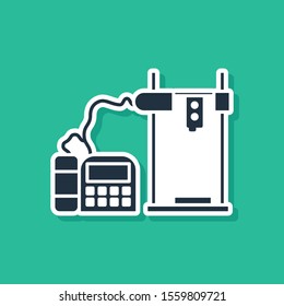 Blue 3D printer icon isolated on green background.  Vector Illustration
