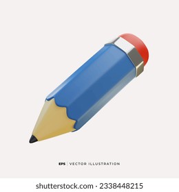 Blue 3D Realistic Pencil. Volumetric wooden object for writing and drawing. Vector short blue pencil, Realistic pencil isolated cartoon with rubber eraser. Vector isolated icon