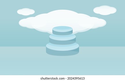 Blue 3d rendering background vector with podium stairs leading to the highest sky and minimal cloud view, minimal 3d product display background geometric shapes pastel blue sky clouds.