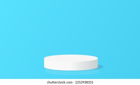 Blue 3D room with realistic cylinder pedestal podium. Minimal scene for product display presentation. Stage for showcase. Vector geometric design platform.