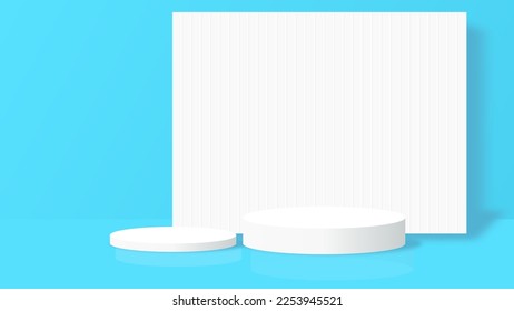 Blue 3D room with realistic cylinder pedestal podium. Minimal scene for product display presentation. Stage for showcase. Vector geometric design platform.