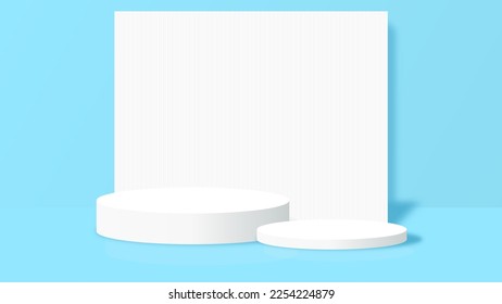 Blue 3D room with realistic cylinder pedestal podium. Minimal scene for product display presentation. Stage for showcase. Vector geometric design platform.