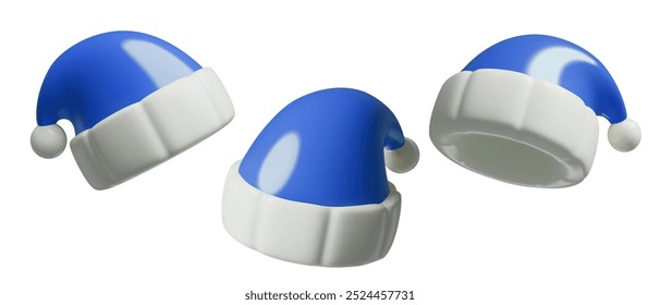 Blue 3d Santa Claus or Father Frost hats vector icons. Christmas and New Year traditional holiday costume elements isolated on white background.