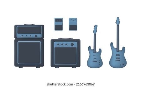 Blue 3d set of electric and bass guitar, amplifyer and guitar pedals isolated on white background. Vector illustration