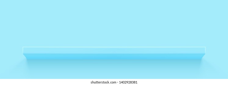 Blue 3d shelf on the wall. Wooden horizontal realistic empty shelf.